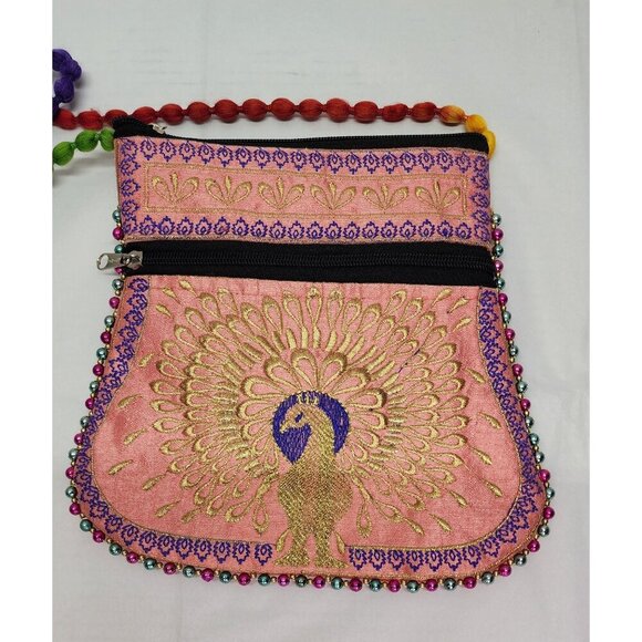 Pink Embroidered Peacock Crossbody Bag With Rainbow Beaded Strap & Zipper Pocket - Picture 4 of 10